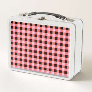 Pink Black Chequered Gingham Pattern Metal Lunch Box