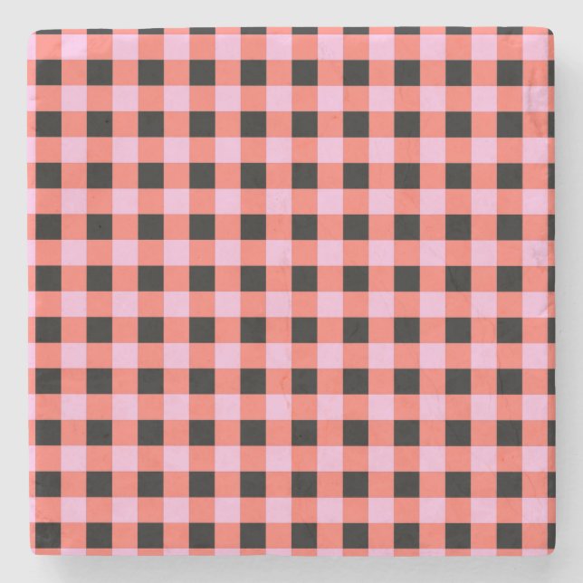 Pink Black Chequered Gingham Pattern Stone Coaster (Front)