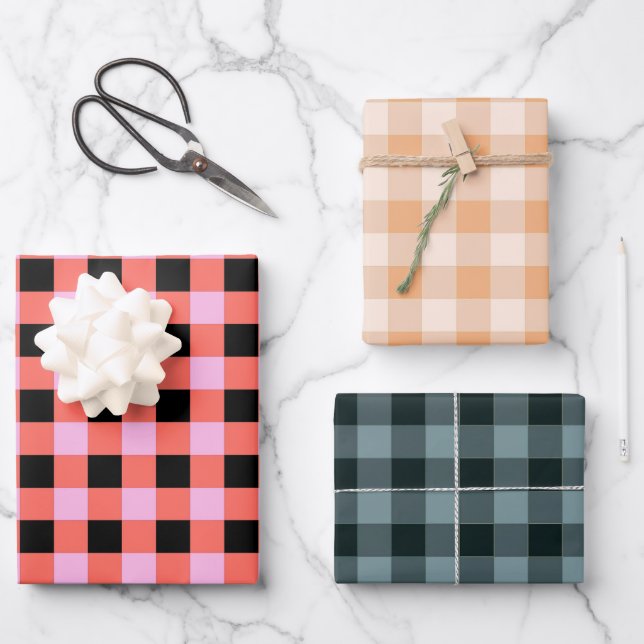 Pink Black Chequered Gingham Pattern Wrapping Paper Sheet (Front)