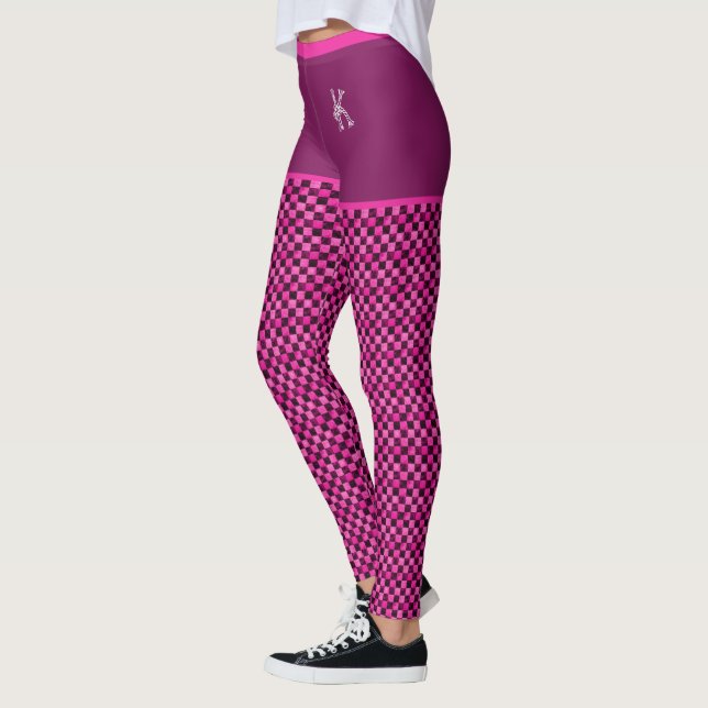 Pink Black Chequered Pattern Monogram Customised Leggings (Left)