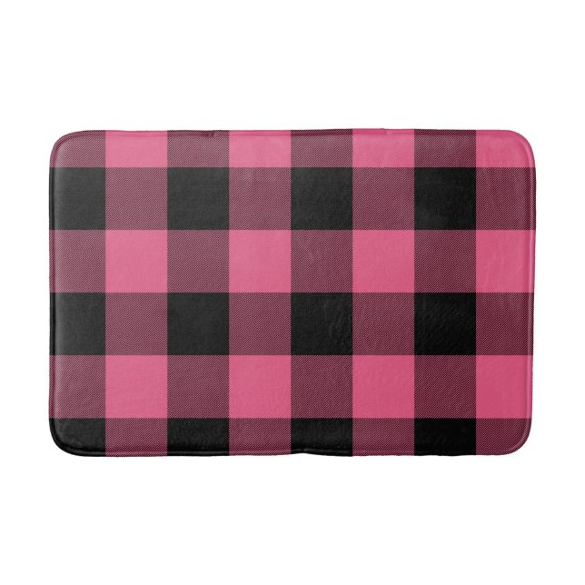 Pink & Black Chequered Squares Buffalo Plaid Bath Mat (Front)