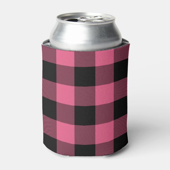 Pink & Black Chequered Squares Buffalo Plaid Can Cooler (Can Front)