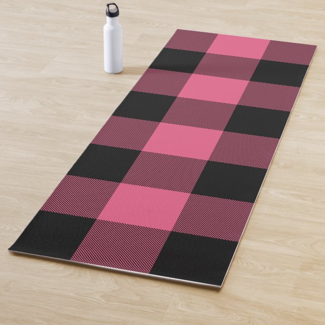 Pink & Black Chequered Squares Buffalo Plaid Yoga Mat (In Situ)
