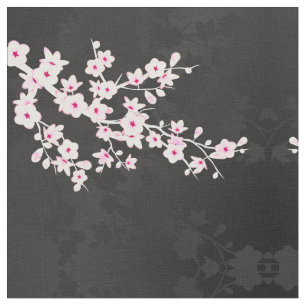 Pink Black Cherry Blossoms Pattern Fabric