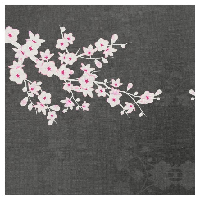 Pink Black Cherry Blossoms Pattern Fabric (Close Up)