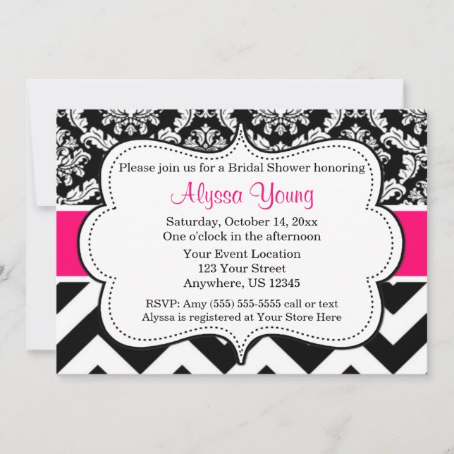 Pink Black Chevron Damask Invitation (Front)