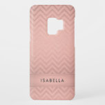 Pink & Black Chevron Faux Rose Gold Foil Monogram Case-Mate Samsung Galaxy S9 Case<br><div class="desc">Protect your cell phone in style with this chic modern Samsung Galaxy S9 Phone Case. Cover design features a pretty pink faux rose gold foil chevron zig-zag pattern with stripe, and your name or other customised text in a simple black typography font. This elegant and trendy metallic look phone case...</div>