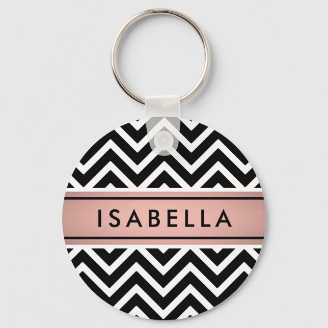 Pink & Black Chevron Pattern Girly Faux Rose Gold Key Ring (Front)