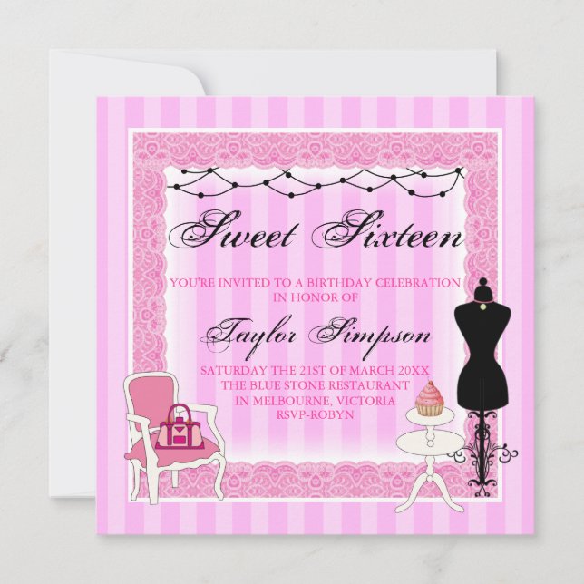 Pink & Black Chic Sweet16 Birthday invite (Front)