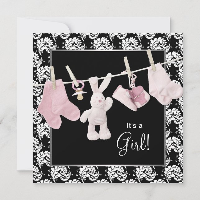 Pink Black Clothesline Baby Girl Shower Invitation (Front)