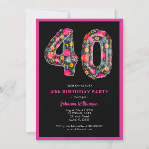 Pink Black Colourful Women 40th Birthday Party Invitation