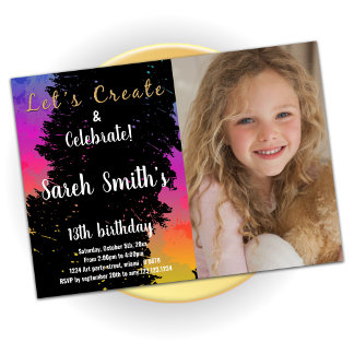 Pink Black Colours Paint Birthday With Photo Invitation