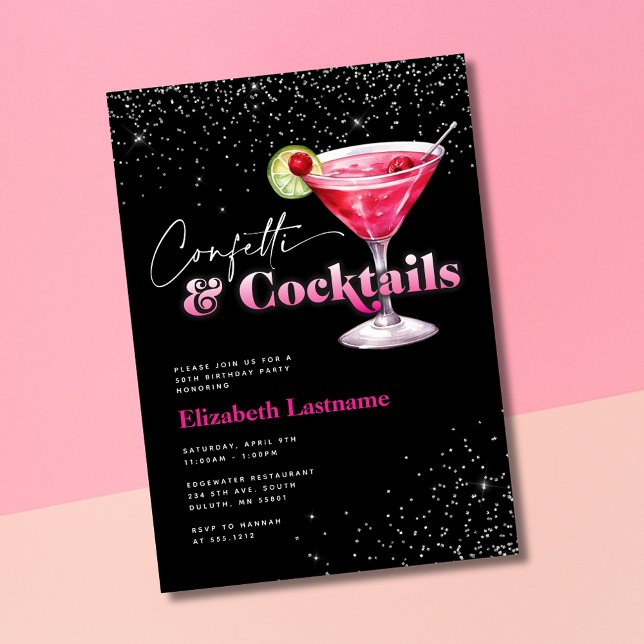 Pink Black Confetti and Cocktails Birthday Invitation (Creator Uploaded)