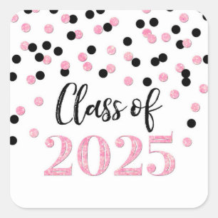 Pink Black Confetti Graduation 2025 Square Sticker
