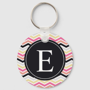 Pink Black Coral Chevron Monogram Key Ring