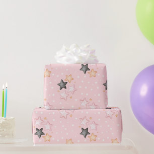 Pink Black Cream Stars Birthday Wrapping Paper
