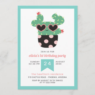 Pink Black Cute Cactus Birthday Party Invitation