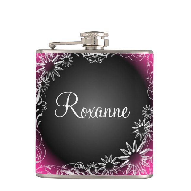Pink black daisy floral fade custom flask (Front)