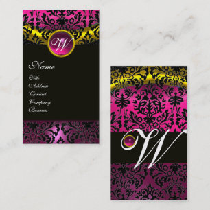 PINK BLACK DAMASK AMETHYST MONOGRAM Fuchsia Gold Business Card