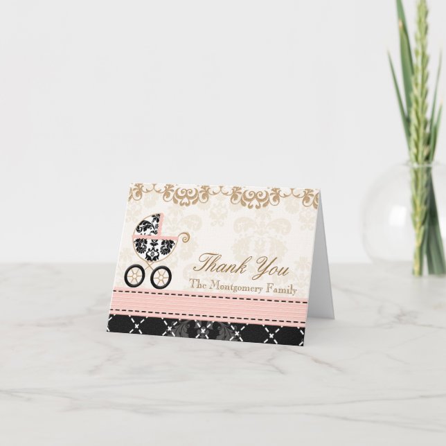 Pink Black Damask Baby Carriage Shower Thank You Card (Front)