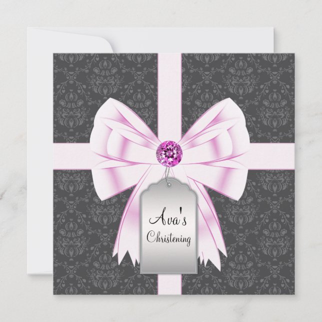 Pink Black Damask Baby Christening Invitations (Front)