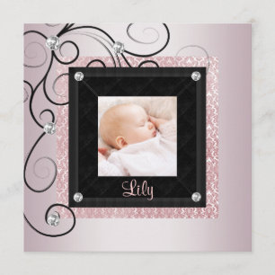Pink Black Damask Baby Girl Photo Birth Announcement