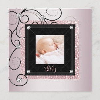 Pink Black Damask Baby Girl Photo Birth Announcement