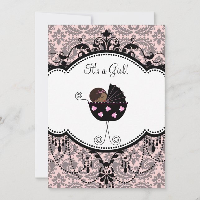 Pink Black Damask Baby Girl Shower Invitations (Front)
