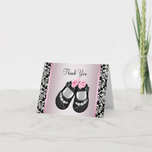 Pink Black Damask Baby Girl Shower Thank You Card