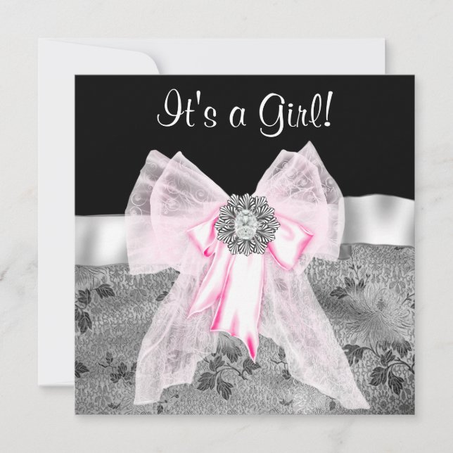 Pink Black Damask Baby Shower Invitations (Front)
