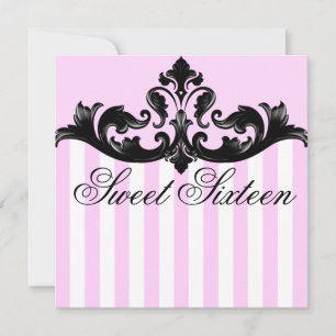 Pink & Black Damask Birthday Invitation