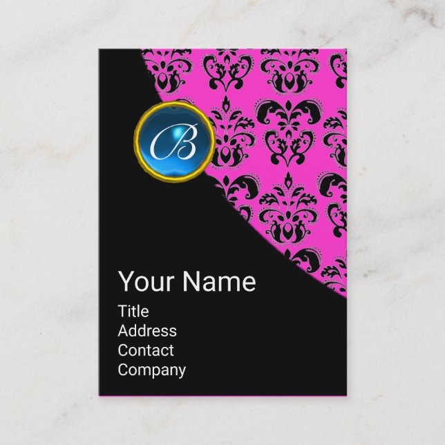PINK BLACK DAMASK BLUE SAPPHIRE GEMSTONE MONOGRAM BUSINESS CARD (Front)