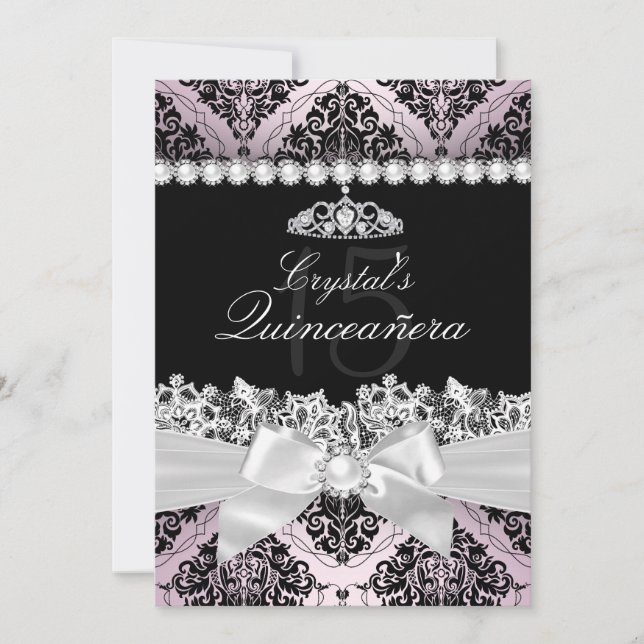 Pink Black Damask Bow Quinceanera Invite (Front)