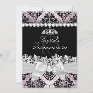 Pink Black Damask Bow Quinceanera Invite