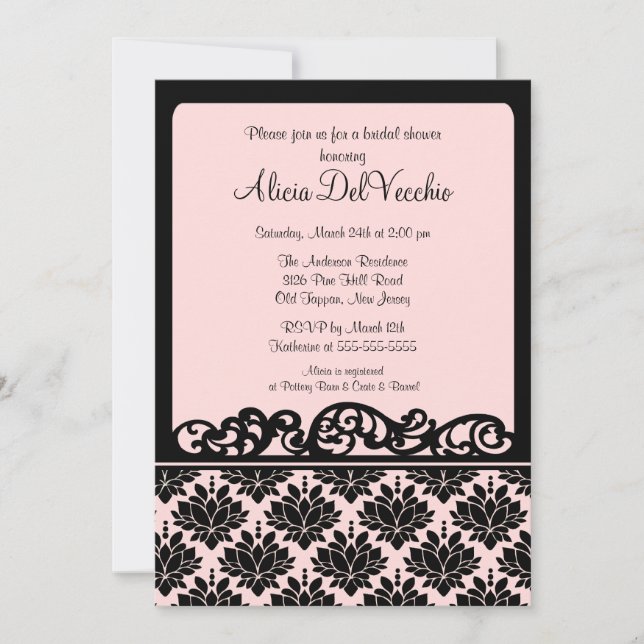 Pink & Black Damask Bridal Shower Invitation (Front)