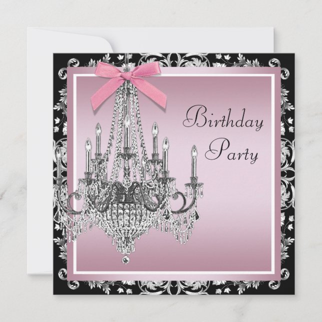 Pink Black Damask Chandelier Birthday Party Invitation (Front)