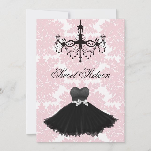 Pink Black Damask Chandelier Sweet Sixteen Birthda Invitation (Front)