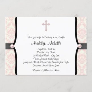 Pink Black Damask Christening Invitation