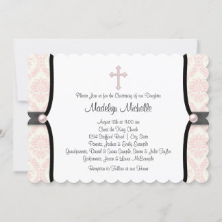 Pink Black Damask Christening Invitation
