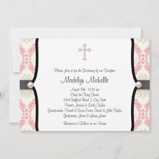 Pink Black Damask Christening Invitation