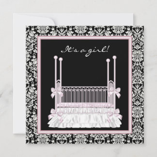 Pink Black Damask Crib Baby Girl Shower Invitation