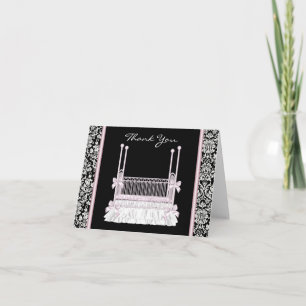 Pink Black Damask Crib Baby Shower Thank You Cards