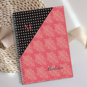 Pink Black Damask Dots Girly Trendy Monogram Planner