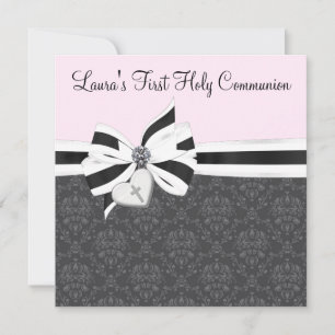 Pink Black Damask Heart Cross First Communion Invitation