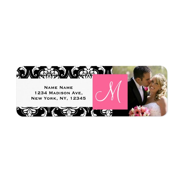 Pink Black Damask Monogram Photo Wedding (Front)