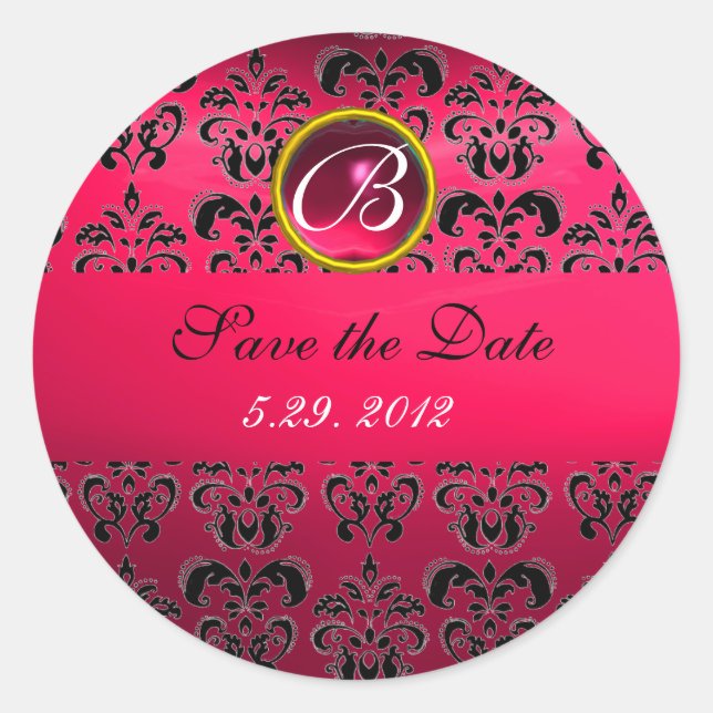 PINK BLACK DAMASK MONOGRAM ,red ruby ,fuchsia Classic Round Sticker (Front)