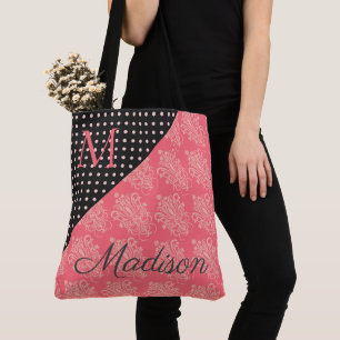 Pink Black Damask Monogram Trendy Dots Girly Name Tote Bag
