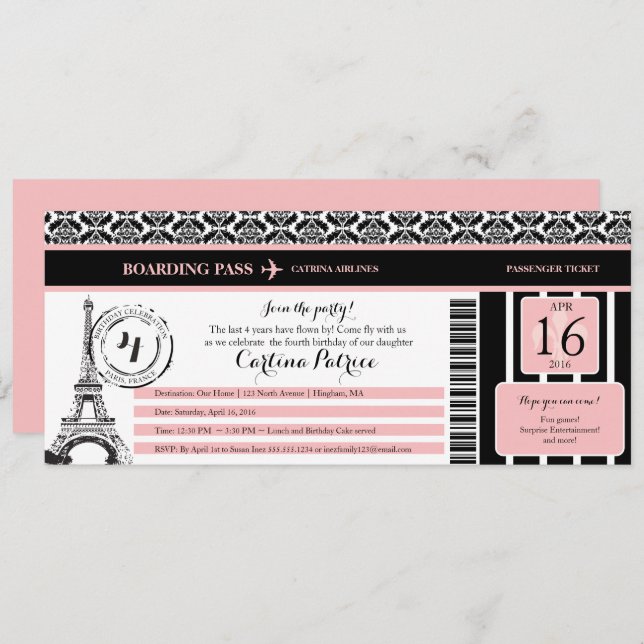 Pink Black Damask Paris Birthday Boarding Pass Invitation (Front/Back)