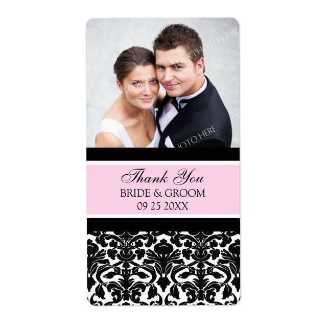 Pink Black Damask Photo Wedding Labels (Front)