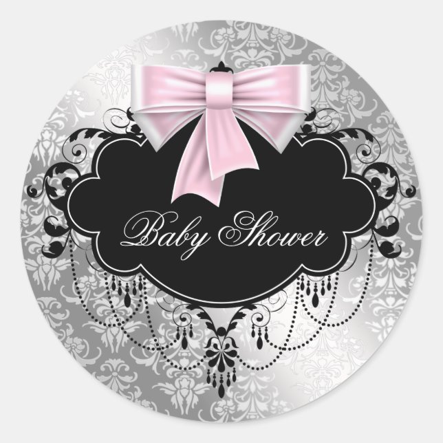 Pink Black Damask Pink Black Baby Shower Sticker (Front)